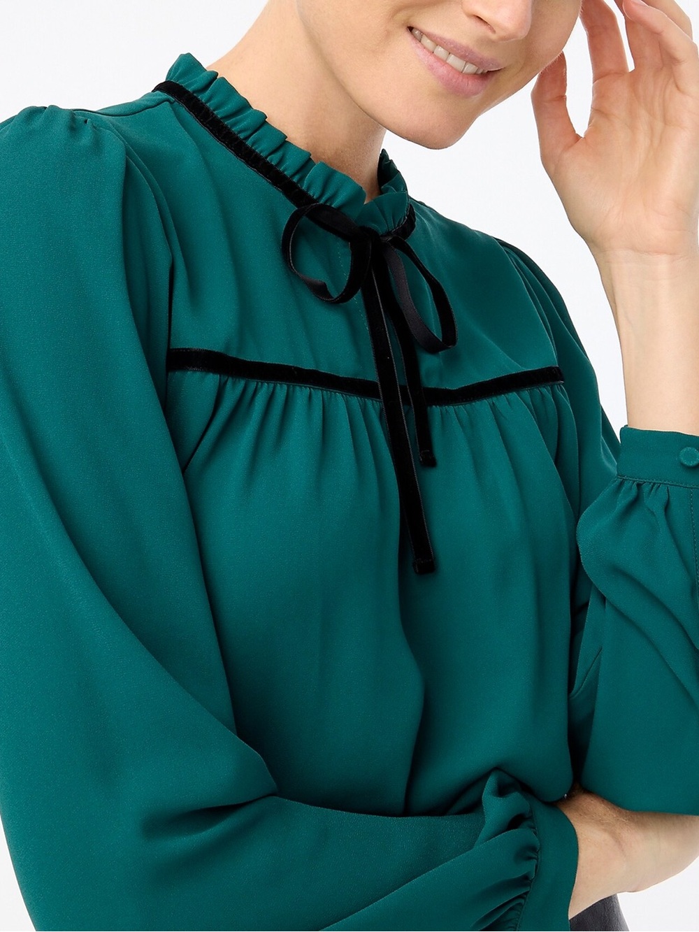 J. Crew Factory Forest Green Velvet Tie Neck Top Holiday Dark Academia